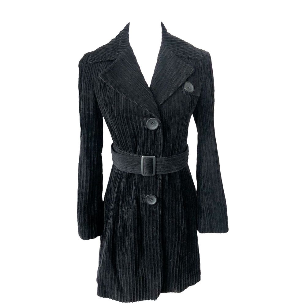 K2 Black Vintage Wide Wale Corduroy Button Front Jacket Trench Coat Sz XS Buckle